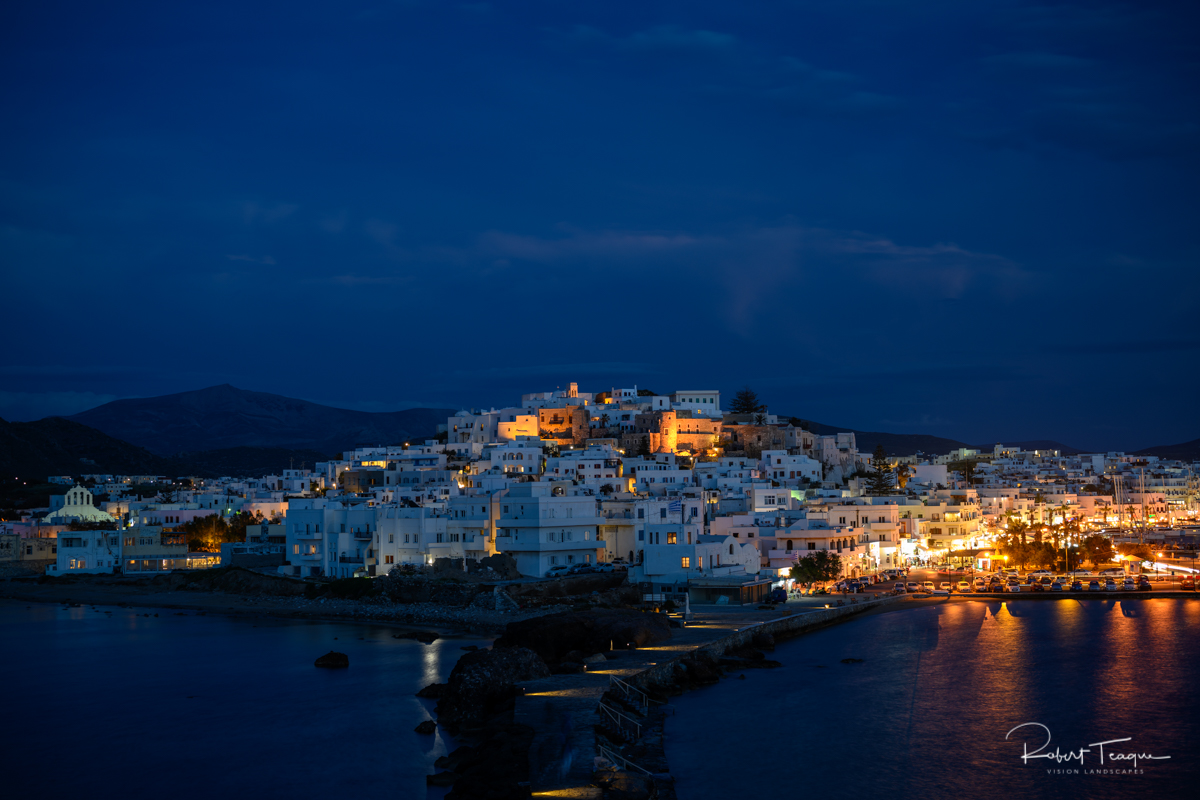 Naxos Town from the Portara by Night, Greece. Nikon Z7, Nikkor 50 mm f/1.8 S Lens.